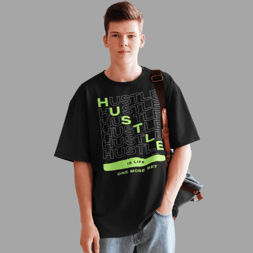 Hustle Men's Black Oversized Tshirt